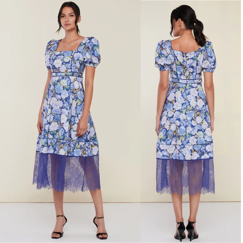 Rachel Parcell Puff Sleeve Lace Trim Midi Dress